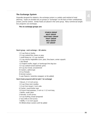 The Exchange System
Originally designed for diabetics, the exchange system is a widely used method of meal
planning. Foods are divided into six groups or "exchanges" on the basis of their carbohydrate,
protein, and fat content. Similar foods are placed in the same group. Many commercial weight
loss programs use exchanges.
The six exchange groups are:
Starch group - each exchange = 80 calories
1/2 cup Pasta or barley
1/3 cup cooked Rice, beans or peas
1 small Potato (or 1/2 cup mashed)
1/2 cup starchy Vegetables (corn, peas, lima beans, winter squash)
1 slice Bread
1/2 English muffin, bagel, or hamburger/hot dog bun
1/2 cup cooked Cereal (oatmeal, grits)
3/4 cup dry Cereal, unsweetened
6 Crackers, saltine-type
3/4 oz Pretzels
8 Animal crackers
3 cups Popcorn, butterless (popped, no fat added)
Starch foods prepared with fat (add 1 fat exchange)
1 Biscuit, 2 1/2 inch across
1/2 cup Chow mein noodles
1 (2 oz) Corn bread, 2 inch cube
6 Cracker, round butter type
10 French fried potatoes, 2 inch to 3 1/2 inch long
1 Muffin, small, plain
2 Pancake, 4 inch across
1/4 cup Stuffing, bread (prepared)
2 Taco shell, 6 inch across
1 Waffle, 4 1/2 inch square
4-6 Whole-wheat crackers with fat added
35
4
STARCH GROUP
MEAT GROUP
VEGETABLE GROUP
FRUIT GROUP
MILK GROUP
FAT GROUP
 