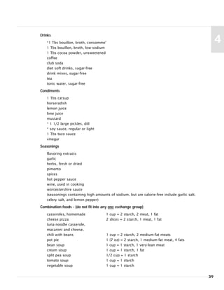 Drinks
*1 Tbs bouillon, broth, consomme'
1 Tbs bouillon, broth, low-sodium
1 Tbs cocoa powder, unsweetened
coffee
club soda
diet soft drinks, sugar-free
drink mixes, sugar-free
tea
tonic water, sugar-free
Condiments
1 Tbs catsup
horseradish
lemon juice
lime juice
mustard
* 1 1/2 large pickles, dill
* soy sauce, regular or light
1 Tbs taco sauce
vinegar
Seasonings
flavoring extracts
garlic
herbs, fresh or dried
pimento
spices
hot pepper sauce
wine, used in cooking
worcestershire sauce
(seasonings containing high amounts of sodium, but are calorie-free include garlic salt,
celery salt, and lemon pepper)
Combination foods - (do not fit into any one exchange group)
casseroles, homemade 1 cup = 2 starch, 2 meat, 1 fat
cheese pizza 2 slices = 2 starch, 1 meat, 1 fat
tuna noodle casserole,
macaroni and cheese,
chili with beans 1 cup = 2 starch, 2 medium-fat meats
pot pie 1 (7 oz) = 2 starch, 1 medium-fat meat, 4 fats
bean soup 1 cup = 1 starch, 1 very-lean meat
cream soup 1 cup = 1 starch, 1 fat
split pea soup 1/2 cup = 1 starch
tomato soup 1 cup = 1 starch
vegetable soup 1 cup = 1 starch
39
4
 