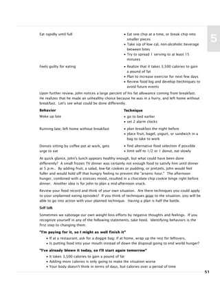 Eat rapidly until full
Feels guilty for eating
51
5
• Eat one chip at a time, or break chip into
smaller pieces
• Take sip of low cal, non-alcoholic beverage
between bites
• Try to spread 1 serving to at least 15
minutes
• Realize that it takes 3,500 calories to gain
a pound of fat
• Plan to increase exercise for next few days
• Review food log and develop ttechniques to
avoid future events
Upon further review, John notices a large percent of his fat allowance coming from breakfast.
He realizes that he made an unhealthy choice because he was in a hurry, and left home without
breakfast. Let's see what could be done differently.
Behavior
Woke up late
Running late; left home without breakfast
Donuts sitting by coffee pot at work, gets
urge to eat
Technique
• go to bed earlier
• set 2 alarm clocks
• plan breakfast the night before
• place fruit, bagel, yogurt, or sandwich in a
bag to take to work
• find alternative food selection if possible
• limit self to 1/2 or 1 donut, eat slowly
At quick glance, John's lunch appears healthy enough, but what could have been done
differently? A small frozen TV dinner was certainly not enough food to satisfy him until dinner
at 5 p.m.. By adding fruit, a salad, low-fat cookies or pudding, or pretzels, John would feel
fuller and would hold off that hungry feeling to prevent the "arsenic hour." The afternoon
hunger, combined with a stresses mood, resulted in a chocolate chip cookie binge right before
dinner. Another idea is for John to plan a mid-afternoon snack.
Review your food record and think of your own situation. Are there techniques you could apply
to your unplanned eating episodes? If you think of techniques prior to the situation, you will be
able to go into action with your planned technique. Having a plan is half the battle.
Self talk
Sometimes we sabotage our own weight loss efforts by negative thoughts and feelings. If you
recognize yourself in any of the following statements, take heed. Identifying behaviors is the
first step to changing them.
"I'm paying for it, so I might as well finish it"
• If at a restaurant, ask for a doggie bag; if at home, wrap up the rest for leftovers.
• Is putting food into your mouth instead of down the disposal going to end world hunger?
"I've already blown it today, so I'll start again tomorrow"
• It takes 3,500 calories to gain a pound of fat
• Adding more calories is only going to make the situation worse
• Your body doesn't think in terms of days, but calories over a period of time
 