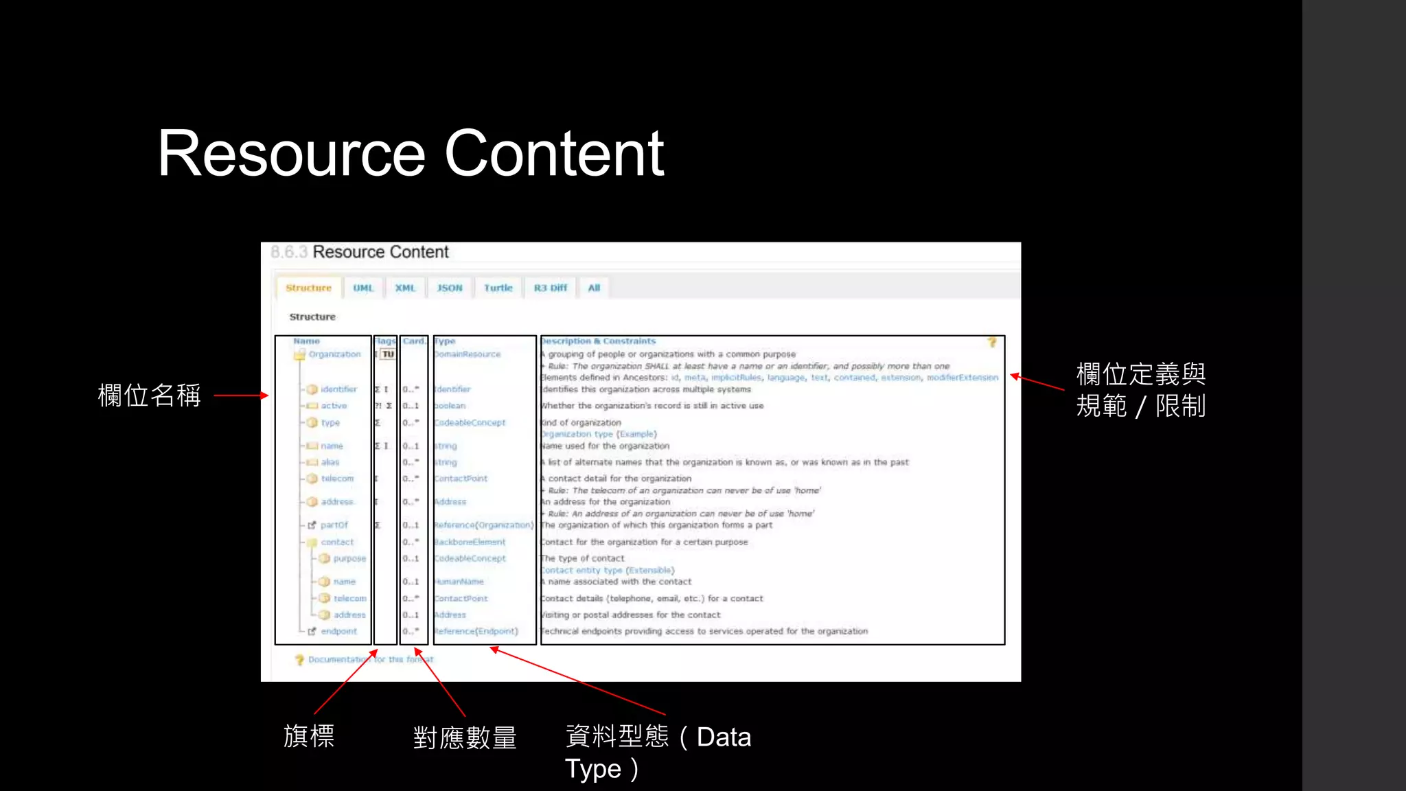 Resource Content
欄位名稱
對應數量 資料型態（Data
Type）
欄位定義與
規範／限制
旗標
 