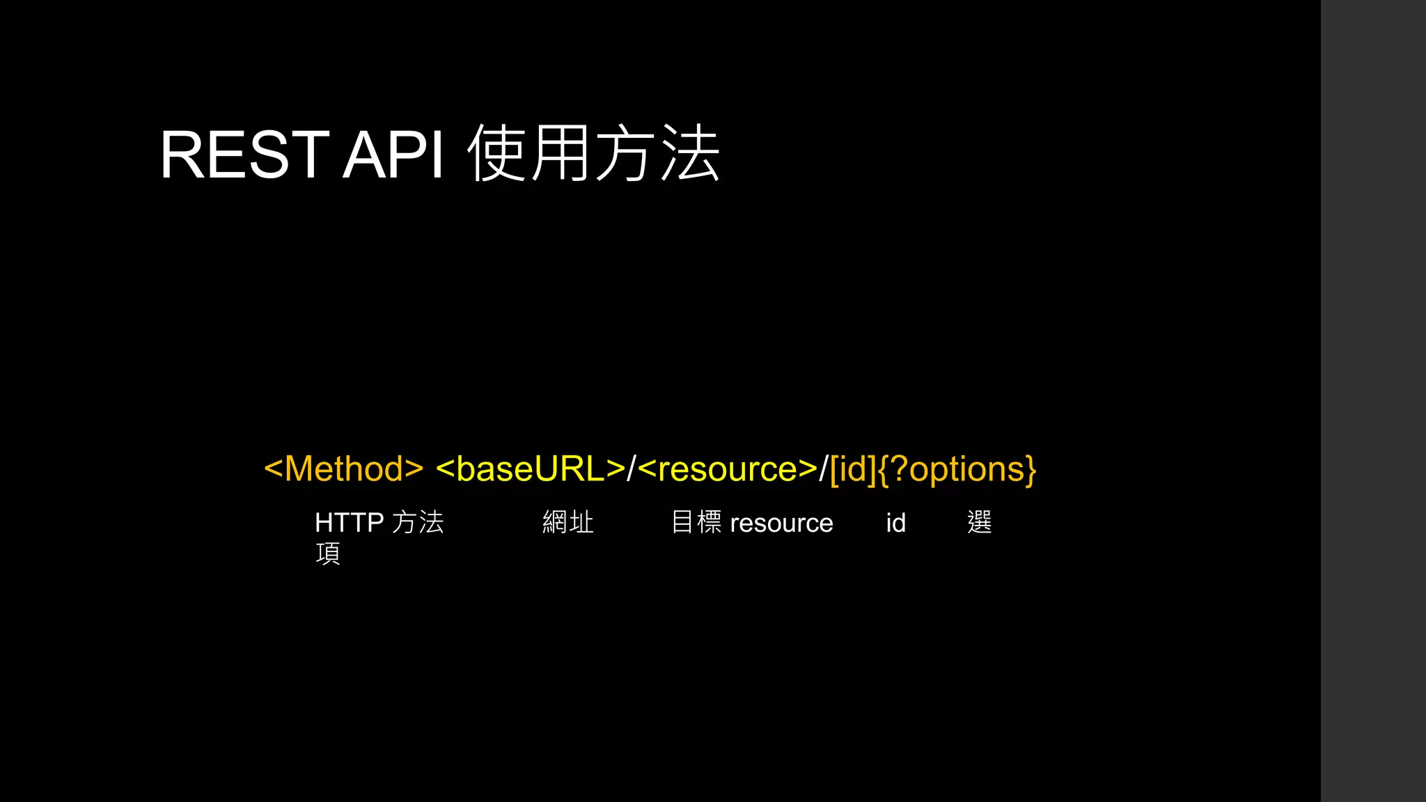 REST API 使用方法
<Method> <baseURL>/<resource>/[id]{?options}
HTTP 方法 網址 目標 resource id 選
項
 