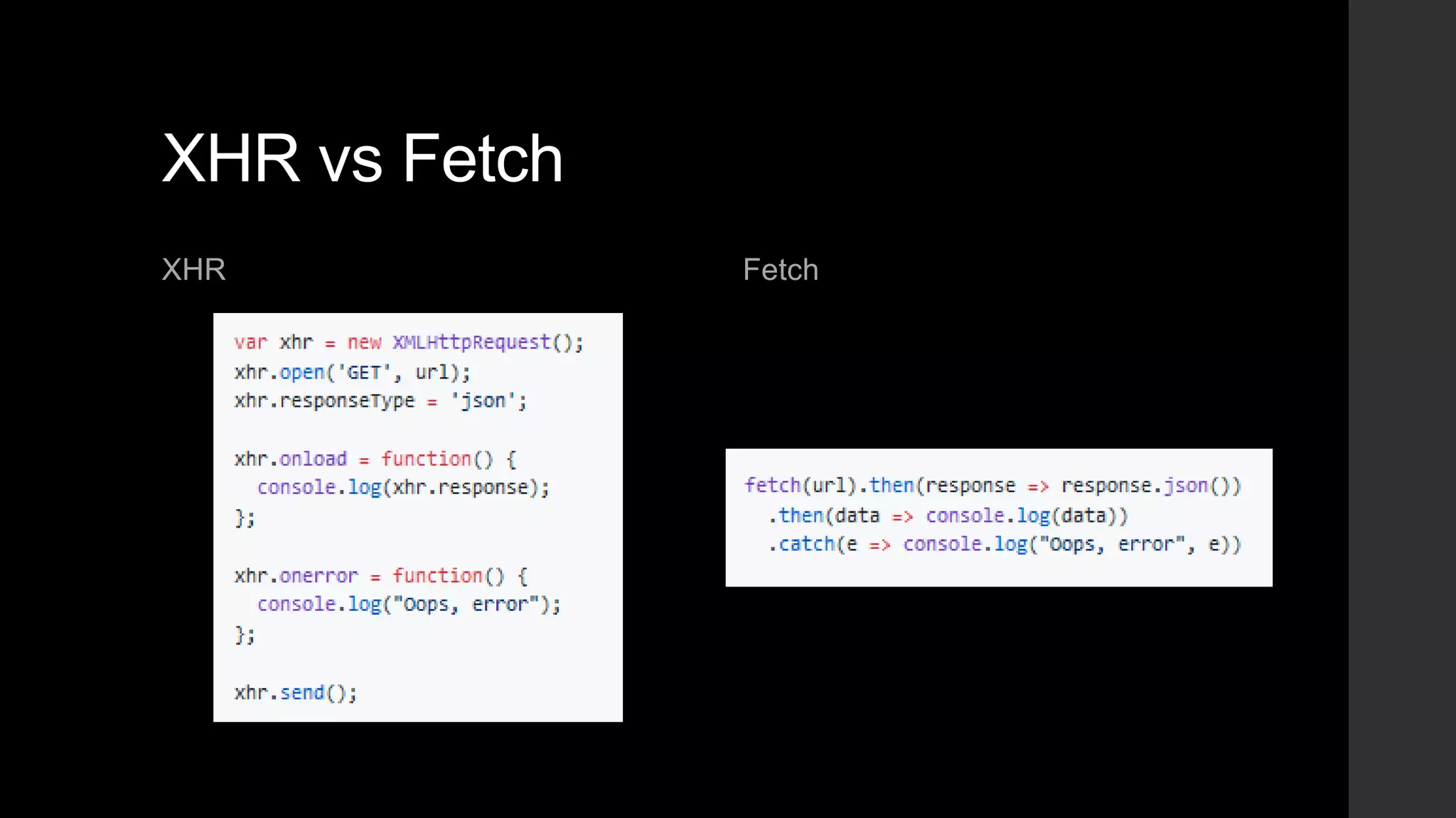 XHR vs Fetch
XHR Fetch
 