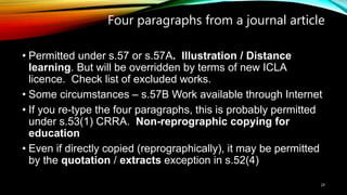 Four paragraphs from a journal article
• Permitted under s.57 or s.57A. Illustration / Distance
learning. But will be overridden by terms of new ICLA
licence. Check list of excluded works.
• Some circumstances – s.57B Work available through Internet
• If you re-type the four paragraphs, this is probably permitted
under s.53(1) CRRA. Non-reprographic copying for
education
• Even if directly copied (reprographically), it may be permitted
by the quotation / extracts exception in s.52(4)
24
 