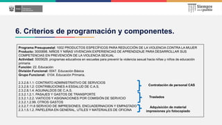 6. Criterios de programación y componentes.
Programa Presupuestal: 1002 PRODUCTOS ESPECÍFICOS PARA REDUCCIÓN DE LA VIOLENC...