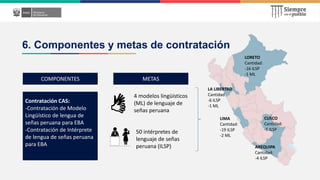 6. Componentes y metas de contratación
COMPONENTES
Contratación CAS:
-Contratación de Modelo
Lingüístico de lengua de
seña...