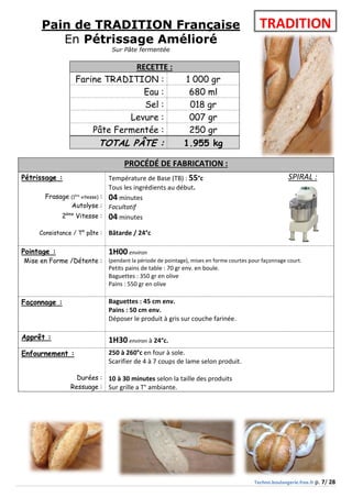 Techno.boulangerie.free.fr p. 7/ 28
Pain de TRADITION Française
En Pétrissage Amélioré
Sur Pâte fermentée
PROCÉDÉ DE FABRI...