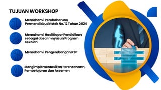 TUJUAN WORKSHOP
Memahami Pembaharuan
Permendikbud ristekNo. 12 Tahun 2024
Memahami Hasil Rapor Pendidikan
sebagai dasar mnyusun Program
sekolah
Memahami Pengembangan KSP
Mengimplementasikan Perencanaan,
Pembelajaran dan Asesmen
 