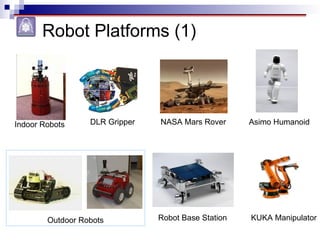Robot Platforms (1)
Indoor Robots DLR Gripper NASA Mars Rover Asimo Humanoid
Outdoor Robots Robot Base Station KUKA Manipulator
 