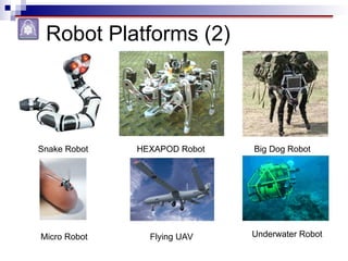 Robot Platforms (2)
Big Dog Robot
HEXAPOD Robot
Snake Robot
Underwater Robot
Flying UAV
Micro Robot
 