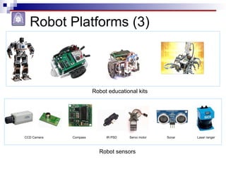 Robot Platforms (3)
Robot educational kits
Robot sensors
CCD Camera Compass IR PSD Sonar Laser ranger
Servo motor
 