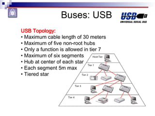 Buses: USB
USB Topology:
• Maximum cable length of 30 meters
• Maximum of five non-root hubs
• Only a function is allowed in tier 7
• Maximum of six segments
• Hub at center of each star
• Each segment 5m max
• Tiered star
 