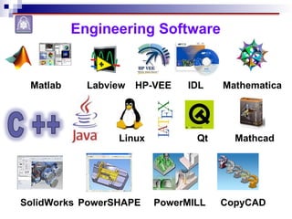 Engineering Software
IDL
Matlab Labview HP-VEE
Linux Qt
Mathematica
Mathcad
SolidWorks PowerSHAPE PowerMILL CopyCAD
 