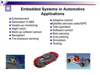 ■ Adaptive control
■Satellite services radio/GPS
■ Tele-operation
■ Software control
■ Rain-sensing
■ Auto parking
■ Simulators
■ Testing
■ Entertainment
■ Generation II ABS
■ Heads-up monitoring
■ Night vision
■ Back-up collision sensor
■ Navigation
■ Tire pressure sensing
Embedded Systems in Automotive
Applications
 