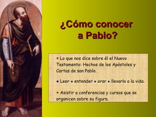 +   Lo que nos dice sobre él el Nuevo Testamento: Hechos de los Apóstoles y Cartas de san Pablo. ●   Leer  ●  entender  ●  orar  ●  llevarlo a la vida. +  Asistir a conferencias y cursos que se organicen sobre su figura. ¿Cómo conocer  a Pablo? 
