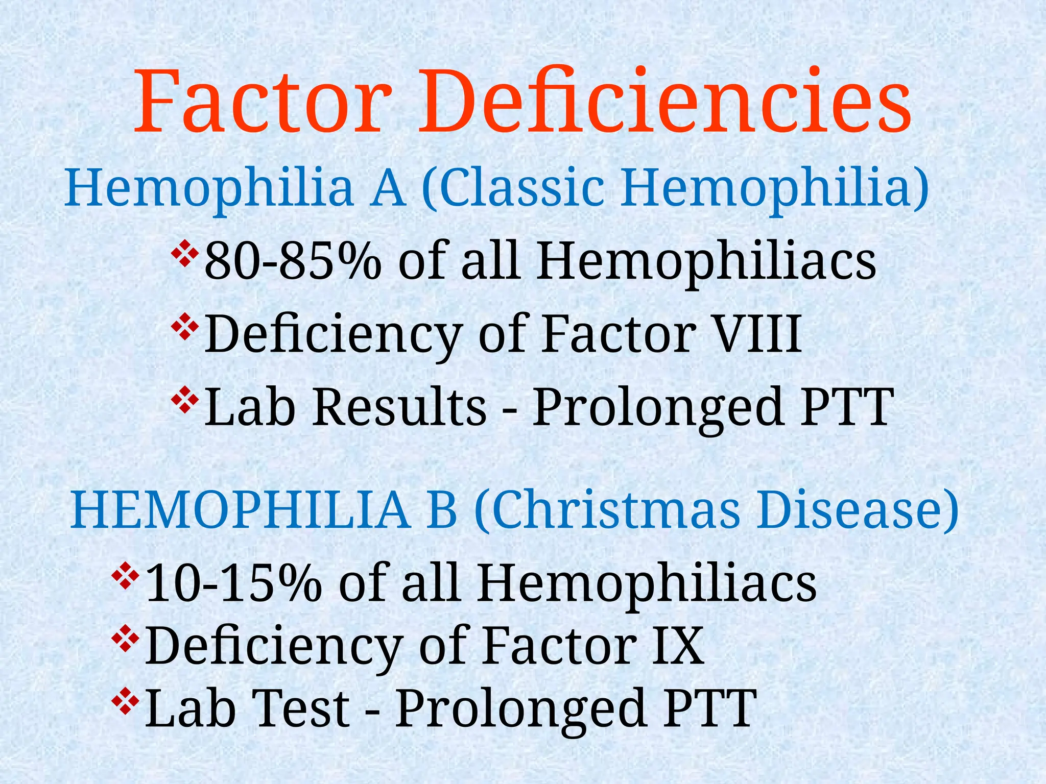 Factor Deficiencies
Hemophilia A (Classic Hemophilia)
80-85% of all Hemophiliacs
Deficiency of Factor VIII
Lab Results - Prolonged PTT
HEMOPHILIA B (Christmas Disease)
10-15% of all Hemophiliacs
Deficiency of Factor IX
Lab Test - Prolonged PTT
 