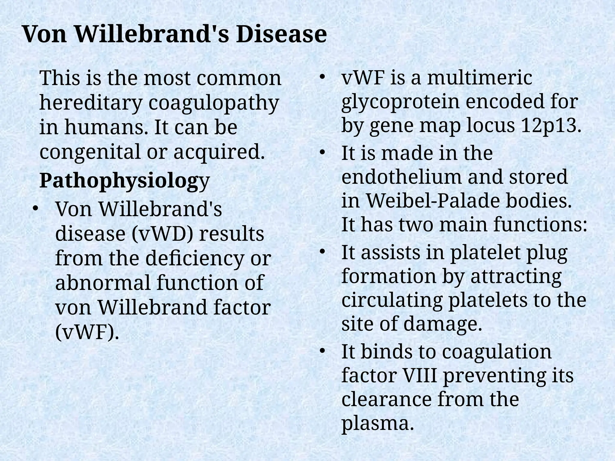 This is the most common
hereditary coagulopathy
in humans. It can be
congenital or acquired.
Pathophysiology
• Von Willebrand's
disease (vWD) results
from the deficiency or
abnormal function of
von Willebrand factor
(vWF).
• vWF is a multimeric
glycoprotein encoded for
by gene map locus 12p13.
• It is made in the
endothelium and stored
in Weibel-Palade bodies.
It has two main functions:
• It assists in platelet plug
formation by attracting
circulating platelets to the
site of damage.
• It binds to coagulation
factor VIII preventing its
clearance from the
plasma.
Von Willebrand's Disease
 