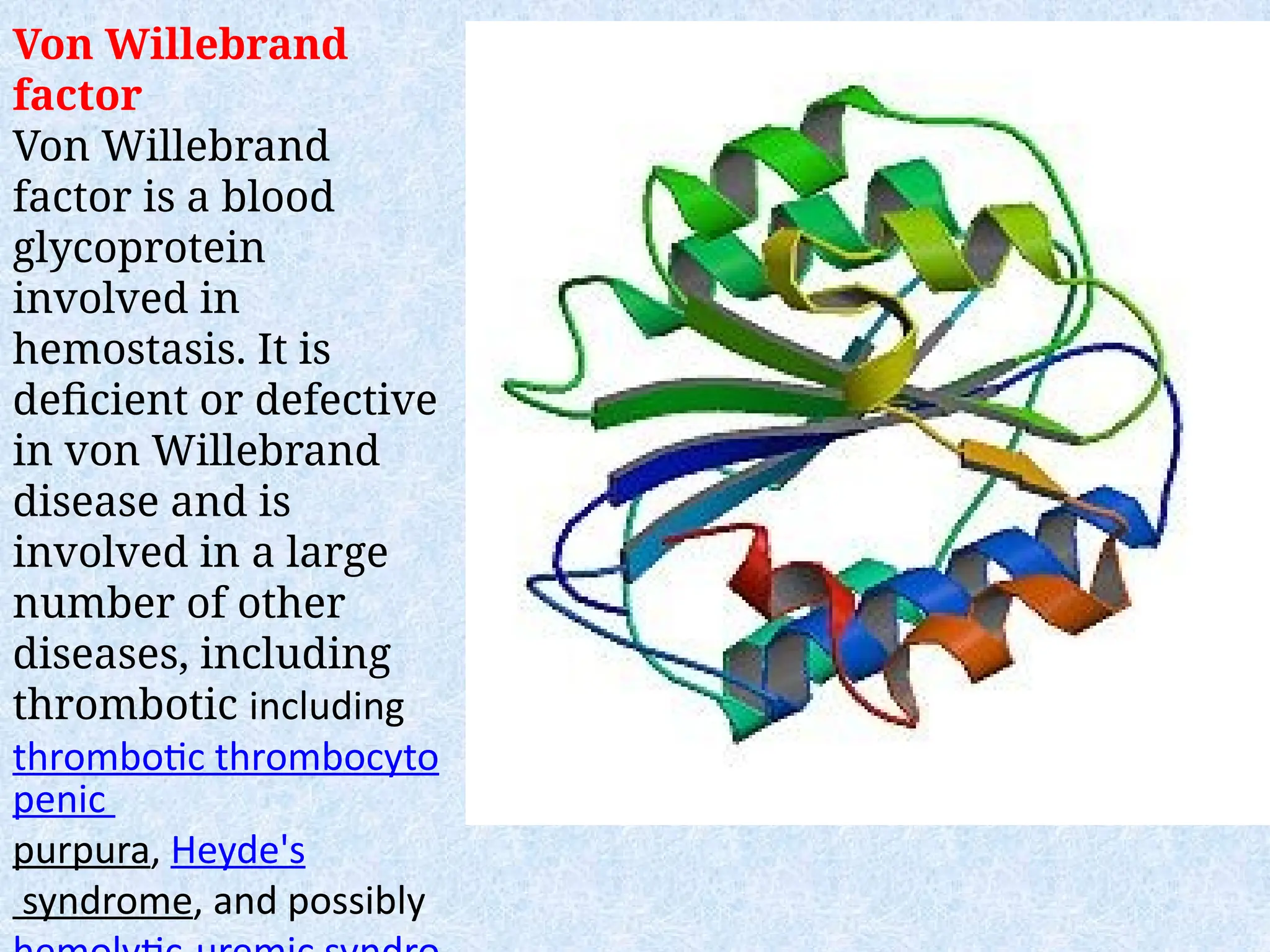 Von Willebrand
factor
Von Willebrand
factor is a blood
glycoprotein
involved in
hemostasis. It is
deficient or defective
in von Willebrand
disease and is
involved in a large
number of other
diseases, including
thrombotic including
thrombotic thrombocyto
penic
purpura, Heyde's
syndrome, and possibly
 