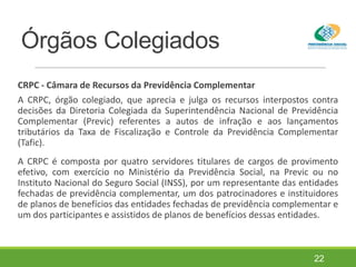 Órgãos Colegiados
CRPC - Câmara de Recursos da Previdência Complementar
A CRPC, órgão colegiado, que aprecia e julga os recursos interpostos contra
decisões da Diretoria Colegiada da Superintendência Nacional de Previdência
Complementar (Previc) referentes a autos de infração e aos lançamentos
tributários da Taxa de Fiscalização e Controle da Previdência Complementar
(Tafic).
A CRPC é composta por quatro servidores titulares de cargos de provimento
efetivo, com exercício no Ministério da Previdência Social, na Previc ou no
Instituto Nacional do Seguro Social (INSS), por um representante das entidades
fechadas de previdência complementar, um dos patrocinadores e instituidores
de planos de benefícios das entidades fechadas de previdência complementar e
um dos participantes e assistidos de planos de benefícios dessas entidades.
22
 