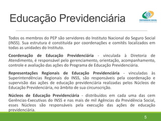 Educação Previdenciária
Todos os membros do PEP são servidores do Instituto Nacional do Seguro Social
(INSS). Sua estrutura é constituída por coordenações e comitês localizados em
todas as unidades do Instituto.
Coordenação de Educação Previdenciária - vinculada à Diretoria de
Atendimento, é responsável pelo gerenciamento, orientação, acompanhamento,
controle e avaliação das ações do Programa de Educação Previdenciária.
Representações Regionais de Educação Previdenciária - vinculadas às
Superintendências Regionais do INSS, são responsáveis pela coordenação e
supervisão das ações de educação previdenciária realizadas pelos Núcleos de
Educação Previdenciária, no âmbito de sua circunscrição.
Núcleos de Educação Previdenciária - distribuídos em cada uma das cem
Gerências-Executivas do INSS e nas mais de mil Agências da Previdência Social,
esses Núcleos são responsáveis pela execução das ações de educação
previdenciária.
5
 