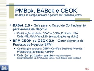 PMBok, BABok e CBOK 
Os Boks se complementam e podem ser utilizados juntos 
 BABok 2.0 - Guia para o Corpo de Conhecimento 
para Análise de Negócio 
23/44 
 Certificação atrelada: CBAP e CCBA, Entidade: IIBA 
Onde: http://bit.ly/babok2br (em português - gratuito) 
 BPM CBOK ou CBOK 2.0 - Gerenciamento de 
Processo de Negócio (BPM) 
 Certificação atrelada: CBPP (Certified Business Process 
Professional),Entidade: ABPMP 
 Onde: (em português - gratuito) - http://www.abpmp-br. 
org/CBOK/CBOK_v2.0_Portuguese_Edition_Thrid_Release_Look_Inside.pdf 
 