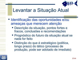 37/44 
Levantar a Situação Atual 
 Identificação das oportunidades e/ou 
ameaças que merecem atenção 
 Descrição da situação, pontos fortes e 
fracos, conclusões e recomendações 
 Prognóstico do futuro da situação atual se 
nada for feito 
 Distinção do que é estratégico (política, 
longo prazo) do tático (processo de 
produção, pode ser adotado de imediato) 
 