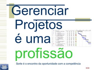 4/44 
Gerenciar 
Projetos 
é uma 
profissão 
Sorte é o encontro da oportunidade com a competência 
 