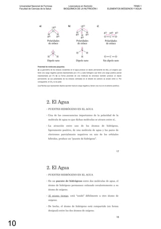 Polaridad de moléculas pequeñas.
a) La geometría de los enlaces covalentes en el agua produce un dipolo permanente de ella y el oxígeno que
tiene una carga negativa parcial (representada por 2 -) y cada hidrógeno que tiene una carga positiva parcial
(representada por +) b) La forma piramidal de una molécula de amoniaco también produce un dipolo
permanente. c) Las polaridades de los enlaces colineales en el dióxido de carbono se anulan entre sí. Por
consiguiente, el CO2 no es polar.
(Las flechas que representan dipolos apuntan hacia la carga negativa y tienen una cruz en el extremo positivo).
2. El Agua
• PUENTES HIDRÓGENO EN EL AGUA
• Una de las consecuencias importantes de la polaridad de la
molécula de agua es que dichas moléculas se atraen entre sí..
• La atracción entre uno de los átomos de hidrógeno,
ligeramente positivo, de una molécula de agua y los pares de
electrones parcialmente negativos en uno de los orbitales
híbridos, produce un “puente de hidrógeno”.
17
2. El Agua
• PUENTES HIDRÓGENO EN EL AGUA
• En un puente de hidrógeno entre dos moléculas de agua, el
átomo de hidrógeno permanece enlazado covalentemente a su
átomo de oxígeno.
• Al mismo tiempo, está “unido” débilmente a otro átomo de
oxígeno.
• De hecho, el átomo de hidrógeno está compartido (en forma
desigual) entre los dos átomos de oxígeno.
18
Universidad Nacional de Formosa
Facultad de Ciencias de la Salud
Licenciatura en Nutrición
BIOQUÍMICA DE LA NUTRICIÓN I
TEMA 1
ELEMENTOS BIÓGENOS Y AGUA
10
 