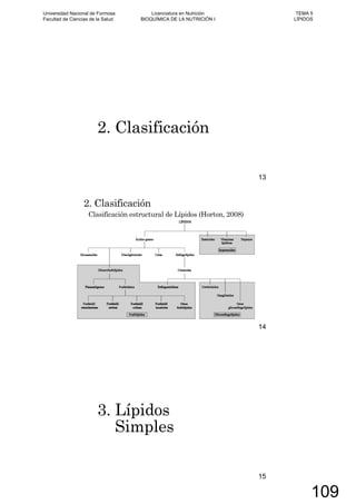 2. Clasificación
13
2. Clasificación
Clasificación estructural de Lípidos (Horton, 2008)
14
3. Lípidos
Simples
15
Universidad Nacional de Formosa
Facultad de Ciencias de la Salud
Licenciatura en Nutrición
BIOQUÍMICA DE LA NUTRICIÓN I
TEMA 5
LÍPIDOS
109
 