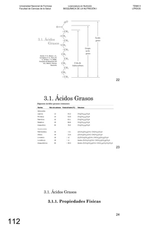 3.1. Ácidos
Grasos
22
3.1. Ácidos Grasos
Algunos ácidos grasos comunes
23
3.1. Ácidos Grasos
3.1.1. Propiedades Físicas
24
Universidad Nacional de Formosa
Facultad de Ciencias de la Salud
Licenciatura en Nutrición
BIOQUÍMICA DE LA NUTRICIÓN I
TEMA 5
LÍPIDOS
112
 