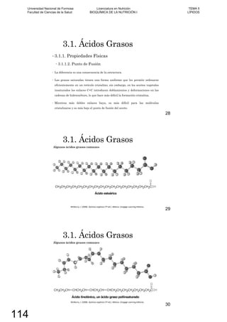 3.1. Ácidos Grasos
3.1.1. Propiedades Físicas
3.1.1.2. Punto de Fusión
La diferencia es una consecuencia de la estructura.
Las grasas saturadas tienen una forma uniforme que les permite ordenarse
eficientemente en un retículo cristalino; sin embargo, en los aceites vegetales
insaturados los enlaces C=C introducen doblamientos y deformaciones en las
cadenas de hidrocarburo, lo que hace más difícil la formación cristalina.
Mientras más dobles enlaces haya, es más difícil para las moléculas
cristalizarse y es más bajo el punto de fusión del aceite.
28
3.1. Ácidos Grasos
Algunos ácidos grasos comunes
29
3.1. Ácidos Grasos
Algunos ácidos grasos comunes
30
Universidad Nacional de Formosa
Facultad de Ciencias de la Salud
Licenciatura en Nutrición
BIOQUÍMICA DE LA NUTRICIÓN I
TEMA 5
LÍPIDOS
114
 
