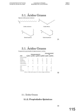 3.1. Ácidos Grasos
Algunos ácidos grasos comunes
Ácido esteárico
Ácido linoleico
Ácido Oleico
Ácido linolénico
31
3.1. Ácidos Grasos
Composición aproximada de algunas grasas y aceites
32
3.1. Ácidos Grasos
3.1.2. Propiedades Químicas
33
Universidad Nacional de Formosa
Facultad de Ciencias de la Salud
Licenciatura en Nutrición
BIOQUÍMICA DE LA NUTRICIÓN I
TEMA 5
LÍPIDOS
115
 