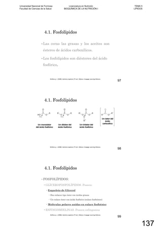 4.1. Fosfolípidos
Las ceras las grasas y los aceites son
ésteres de ácidos carboxílicos.
Los fosfolípidos son diésteres del ácido
fosfórico.
97
4.1. Fosfolípidos
98
FOSFOLÍPIDOS:
GLÍCEROFOSFOLÍPIDOS. Poseen:
Esqueleto de Glicerol
Dos enlaces tipo éster con ácidos grasos
Un enlace éster con ácido fosfórico (enlace fosfoéster)
Moléculas polares unidas en enlace fosfoéster
ESFINGOMIELINAS. Poseen esfingosina
4.1. Fosfolípidos
99
Universidad Nacional de Formosa
Facultad de Ciencias de la Salud
Licenciatura en Nutrición
BIOQUÍMICA DE LA NUTRICIÓN I
TEMA 5
LÍPIDOS
137
 