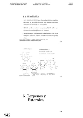 LOS GANGLIÓSIDOS son glucoesfingolípidos complejos
derivados de la glucosilceramida, que además contienen
una o más moléculas de un ácido siálico.
El ácido acetilneuramínico es el principal ácido siálico que
se encuentra en los tejidos del ser humano.
Los gangliósidos también están presentes en cifras altas
en tejidos nerviosos; parecen tener funciones de receptor y
otras.
4.2. Glicolípidos
112
4.2. Glicolípidos
113
5. Terpenos y
Esteroles
114
Universidad Nacional de Formosa
Facultad de Ciencias de la Salud
Licenciatura en Nutrición
BIOQUÍMICA DE LA NUTRICIÓN I
TEMA 5
LÍPIDOS
142
 