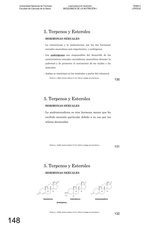 5. Terpenos y Esteroles
HORMONAS SEXUALES
La testosterona y la androsterona son las dos hormonas
sexuales masculinas más importantes, o andrógenos.
Los andrógenos son responsables del desarrollo de las
características sexuales secundarias masculinas durante la
pubertad y de promover el crecimiento de los tejidos y los
músculos.
Ambas se sintetizan en los testículos a partir del colesterol.
130
5. Terpenos y Esteroles
HORMONAS SEXUALES
La androstenodiona es otra hormona menor que ha
recibido atención particular debido a su uso por los
atletas destacados.
131
5. Terpenos y Esteroles
HORMONAS SEXUALES
132
Universidad Nacional de Formosa
Facultad de Ciencias de la Salud
Licenciatura en Nutrición
BIOQUÍMICA DE LA NUTRICIÓN I
TEMA 5
LÍPIDOS
148
 