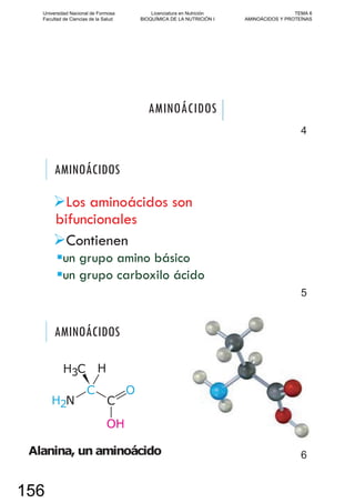 AMINOÁCIDOS
4
AMINOÁCIDOS
Los aminoácidos son
bifuncionales
Contienen
un grupo amino básico
un grupo carboxilo ácido
5
AMINOÁCIDOS
6
Universidad Nacional de Formosa
Facultad de Ciencias de la Salud
Licenciatura en Nutrición
BIOQUÍMICA DE LA NUTRICIÓN I
TEMA 6
AMINOÁCIDOS Y PROTEÍNAS
156
 