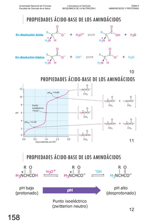 PROPIEDADES ÁCIDO-BASE DE LOS AMINOÁCIDOS
10
PROPIEDADES ÁCIDO-BASE DE LOS AMINOÁCIDOS
11
PROPIEDADES ÁCIDO-BASE DE LOS AMINOÁCIDOS
12
Universidad Nacional de Formosa
Facultad de Ciencias de la Salud
Licenciatura en Nutrición
BIOQUÍMICA DE LA NUTRICIÓN I
TEMA 6
AMINOÁCIDOS Y PROTEÍNAS
158
 