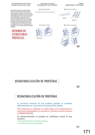 RESUMEN DE
ESTRUCTURAS
PROTEICAS
49
DESNATURALIZACIÓN DE PROTEÍNAS
50
DESNATURALIZACIÓN DE PROTEÍNAS
La estructura terciaria de una proteína globular es sostenida
delicadamente por atracciones intramoleculares débiles.
Con frecuencia es suficiente un cambio ligero en la temperatura o
el pH para desestabilizar la estructura y ocasionar que la proteína
se DESNATURALICE.
La desnaturalización se produce en condiciones suaves, lo que
ocasiona:
El mantenimiento de la estructura primaria
La estructura terciaria se desdobla
51
Universidad Nacional de Formosa
Facultad de Ciencias de la Salud
Licenciatura en Nutrición
BIOQUÍMICA DE LA NUTRICIÓN I
TEMA 6
AMINOÁCIDOS Y PROTEÍNAS
171
 