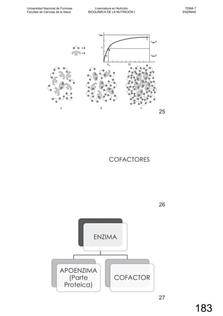 25
COFACTORES
26
ENZIMA
APOENZIMA
(Parte
Proteica)
COFACTOR
27
Universidad Nacional de Formosa
Facultad de Ciencias de la Salud
Licenciatura en Nutrición
BIOQUÍMICA DE LA NUTRICIÓN I
TEMA 7
ENZIMAS
183
 
