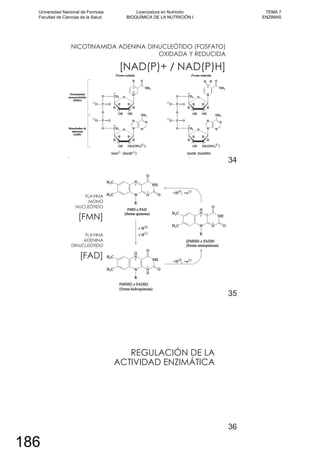 NICOTINAMIDA ADENINA DINUCLEÓTIDO (FOSFATO)
OXIDADA Y REDUCIDA
[NAD(P)+ / NAD(P)H]
34
FLAVINA
MONO
NUCLEÓTIDO
[FMN]
FLAVINA
ADENINA
DINUCLEÓTIDO
[FAD]
35
REGULACIÓN DE LA
ACTIVIDAD ENZIMÁTICA
36
Universidad Nacional de Formosa
Facultad de Ciencias de la Salud
Licenciatura en Nutrición
BIOQUÍMICA DE LA NUTRICIÓN I
TEMA 7
ENZIMAS
186
 