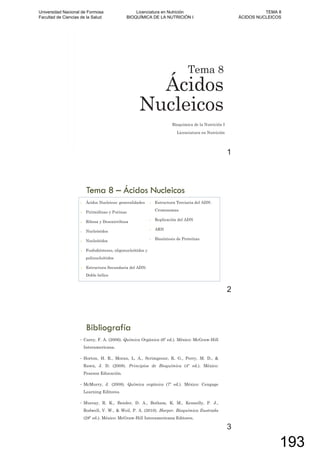 Tema 8
Ácidos
Nucleicos
Bioquímica de la Nutrición I
Licenciatura en Nutrición
1
Tema 8 – Ácidos Nucleicos
Ácidos Nucleicos: generalidades
Pirimidinas y Purinas
Ribosa y Desoxirribosa
Nucleósidos
Nucleótidos
Fosfodiésteres, oligonucleótidos y
polinucleótidos
Estructura Secundaria del ADN:
Doble hélice
Estructura Terciaria del ADN:
Cromosomas
Replicación del ADN
ARN
Biosíntesis de Proteínas
2
Bibliografía
Carey, F. A. (2006). Química Orgánica (6º ed.). México: McGraw-Hill
Interamericana.
Horton, H. R., Moran, L. A., Scrimgeour, K. G., Perry, M. D., &
Rawn, J. D. (2008). Principios de Bioquímica (4º ed.). México:
Pearson Educación.
McMurry, J. (2008). Química orgánica (7º ed.). México: Cengage
Learning Editores.
Murray, R. K., Bender, D. A., Botham, K. M., Kennelly, P. J.,
Rodwell, V. W., & Weil, P. A. (2010). Harper. Bioquímica Ilustrada
(28º ed.). México: McGraw-Hill Interamericana Editores.
3
Universidad Nacional de Formosa
Facultad de Ciencias de la Salud
Licenciatura en Nutrición
BIOQUÍMICA DE LA NUTRICIÓN I
TEMA 8
ÁCIDOS NUCLEICOS
193
 