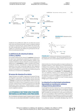 CAPÍTULO 44 Micronutrientes: vitaminas y minerales 471
Calcidiol-1-hidroxilasa
Calcitriol
(1,25-hidroxicolecalciferol)
Calciol-25-hidroxilasa
Calcidiol-1-hidroxilasa
HO OH
OH
HOHO
CH2
Colecalciferol
(calciol; vitamina D3)
CH2 CH2
Calcidiol
(25-hidroxicolecalciferol)
24-hidroxicalcidiol
OH OH
Calcidiol-24-hidroxilasaCalcidiol-24-hidroxilasa
Calcitetrol
OHHO
CH2
OH
OH
HO
CH2
OH
FIGURA 44-4 Metabolismo de la
vitamina D.
HO
R3
CH3
R1
OR2
Tocoferol
HO
R3
CH3
R1
OR2
Tocotrienol
FIGURA 44-5 Vitámeros de la vitamina E. En el α-tocoferol y el
tocotrienol R1, R2 y R3 son grupos —CH3. En los β-vitámeros R2 es H, en
los γ-vitámeros R1, es H, y en los Δ-vitámeros tanto R1 como R2 son H.
modulación de la proliferación celular. En casi todas estas acciones
actúa como una hormona esteroide, al unirse a receptores nucleares
y aumentar la expresión de gen, aunque también tiene efectos rápi-
dos sobre transportadores de calcio en la mucosa intestinal. En el
capítulo 47 se presentan más detalles de la participación del calci-
triol en la homeostasis del calcio.
La deficiencia de vitamina D afecta
a niños y adultos
En el estado de deficiencia de vitamina D, raquitismo, los huesos de
los niños tienen mineralización insuficiente como resultado de ab-
sorción inadecuada de calcio. Suceden problemas similares como
resultado de deficiencia durante el brote de crecimiento propio de la
adolescencia. La osteomalacia en adultos se produce por la desmi-
neralización de hueso, especialmente en mujeres que tienen poca
exposición a la luz solar, en particular luego de varios embarazos.
Aun cuando la vitamina D es esencial para la prevención y el trata-
miento de osteomalacia en ancianos, hay poca evidencia de que sea
beneficiosa en el tratamiento de osteoporosis.
El exceso de vitamina D es tóxico
Algunos lactantes son sensibles a ingestiones de vitamina D de ape-
nas 50 μg/día, lo que produce cifras plasmáticas altas de calcio. Esto
puede llevar a contracción de vasos sanguíneos, presión arterial alta
y calcinosis, la calcificación de tejidos blandos. Si bien el exceso de
vitamina D en la dieta es tóxico, la exposición excesiva a la luz solar
no da pie a intoxicación por vitamina D, porque hay una capacidad
limitada para formar el precursor, 7-dehidrocolesterol, y la expo-
sición prolongada de la previtamina D a la luz solar lleva a la forma-
ción de compuestos inactivos.
LA VITAMINA E NO TIENE UNA FUNCIÓN
METABÓLICA DEFINIDA CON PRECISIÓN
No se ha definido una función singular inequívoca para la vitamina
E. Actúa como un antioxidante liposoluble en membranas celulares,
donde muchas de sus funciones pueden ser proporcionadas por an-
tioxidantes sintéticos, y tiene importancia en el mantenimiento de
la fluidez de las membranas celulares. También tiene una partici-
pación (hasta cierto punto poco definida) en la emisión de señales
celulares. Vitamina E es el término descriptivo genérico para dos
familias de compuestos, los tocoferoles y los tocotrienoles (fig.
44-5). Los diferentes vitámeros tienen distinta potencia biológi-
ca; el más activo es el d-α-tocoferol, y es usual expresar la ingestión
de vitamina E en términos de miligramos de equivalentes de d-α-
tocoferol. El tocoferol dl-α-sintético no tiene la misma potencia
biológica que el compuesto natural.
La vitamina E es el principal antioxidante
liposoluble en membranas celulares
y lipoproteínas plasmáticas
La principal función de la vitamina E es como un antioxidante que
rompe cadenas y que atrapa radicales libres en membranas celulares
y lipoproteínas plasmáticas al reaccionar con los radicales peróxido
lípido formados por peroxidación de ácidos grasos poliinsatura-
dos (cap. 45). El producto radical tocoferoxilo es relativamente no
reactivo, y finalmente forma compuestos no radicales. Por lo común
el radical tocoferoxilo se reduce de regreso hacia tocoferol median-
te reacción con vitamina C proveniente del plasma (fig. 44-6). El
No se ha definido una función singular inequívoca para la vitaminaingular in
E. Actúa como un antioxidante liposoluble en membranas celulares,E. Actúa como un antioxidante liposoluble en membranas celulares
el radical tocoferoxilo se reduce de regreso hacia tocoferol mediancal toc -
te reacción con vitamina C proveniente del plasma (fig. 44-6). Elcción con vitamina C proveniente del plasma (fig. 44-6). El
Universidad Nacional de Formosa
Facultad de Ciencias de la Salud
Licenciatura en Nutrición
BIOQUÍMICA DE LA NUTRICIÓN I
TEMA 9
VITAMINAS
Murray, R. K., Bender, D. A., Botham, K. M., Kennelly, P. J., Rodwell, V. W., & Weil, P. A. (2010).
Harper. Bioquímica Ilustrada (28º ed.). México: McGraw-Hill Interamericana Editores.
217
 