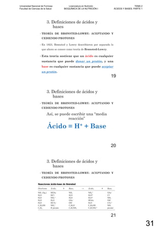 3. Definiciones de ácidos y
bases
• TEORÍA DE BRØNSTED-LOWRY: ACEPTANDO Y
CEDIENDO PROTONES
• En 1923, Brønsted y Lowry describieron por separado lo
que ahora se conoce como teoría de Brønsted-Lowry.
• Esta teoría sostiene que un ácido es cualquier
sustancia que puede donar un protón, y una
base es cualquier sustancia que puede aceptar
un protón.
19
3. Definiciones de ácidos y
bases
• TEORÍA DE BRØNSTED-LOWRY: ACEPTANDO Y
CEDIENDO PROTONES
Así, se puede escribir una “media
reacción”
Ácido = H+ + Base
20
3. Definiciones de ácidos y
bases
• TEORÍA DE BRØNSTED-LOWRY: ACEPTANDO Y
CEDIENDO PROTONES
21
Universidad Nacional de Formosa
Facultad de Ciencias de la Salud
Licenciatura en Nutrición
BIOQUÍMICA DE LA NUTRICIÓN I
TEMA 2
ÁCIDOS Y BASES. PARTE 1
31
 
