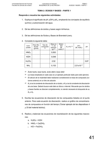 TEMA 2: ÁCIDOS Y BASES – PARTE 1
Responda o resuelva las siguientes actividades:
1. Explique el significado de pH, pOH y pKw, empleando los conceptos de equilibrio
químico y autoionización del agua.
2. Dé las definiciones de ácidos y bases según Arrhenius.
3. Dé las definiciones de Ácidos y Bases de Brønsted-Lowry.
4. Complete la siguiente tabla:
Com-
puesto
Peso Mo-
lecular
(g/mol)
Tipo de
compuesto
(a)
Masa en
1 L de
solución
(g) (b)
Molari-
dad
(M,
mol/L) (c)
Ka o Kb
(d) [H+
]
(M, mol/L)
pH
HNO3 0,063
KOH 0,048
H2CO3 2,52 3,87
NH3 0,153 2,51x10-11
(a) Ácido fuerte, base fuerte, ácido débil o base débil
(b) La masa empleada en cada caso es un ejemplo particular dado para este ejercicio.
(c) El cálculo de la molaridad debe realizarse considerando la masa de compuesto (co-
lumna anterior) en un litro de solución.
(d) Ka si es la constante de disociación de un ácido, o Kb si es la constante de disociación
de una base. Deberá buscar este dato en libros o internet. Recuerde que los ácidos
y bases fuertes se disocian completamente, no siendo necesaria la búsqueda de su
Ka o Kb.
5. Escriba las ecuaciones de disociación de los compuestos listados en el punto
anterior. Para cada ecuación de disociación, realice un gráfico de concentracio-
nes de compuestos en función del tiempo (Tomar ejemplo de las diapositivas 4
y 33 del material teórico).
6. Realice y balancee las ecuaciones de neutralización de las siguientes reaccio-
nes:
a. H2SO4 + KOH
b. HNO3 + Ca(OH)2
c. HCl + Fe(OH)3
Universidad Nacional de Formosa
Facultad de Ciencias de la Salud
Licenciatura en Nutrición
BIOQUÍMICA DE LA NUTRICIÓN I
TEMA 2
ÁCIDOS Y BASES - PARTE 1
41
 
