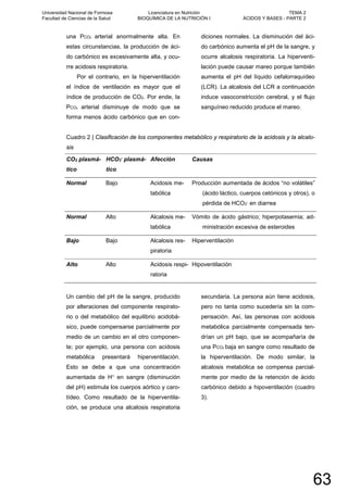 una PCO2 arterial anormalmente alta. En
estas circunstancias, la producción de áci-
do carbónico es excesivamente alta, y ocu-
rre acidosis respiratoria.
Por el contrario, en la hiperventilación
el índice de ventilación es mayor que el
índice de producción de CO2. Por ende, la
PCO2 arterial disminuye de modo que se
forma menos ácido carbónico que en con-
diciones normales. La disminución del áci-
do carbónico aumenta el pH de la sangre, y
ocurre alcalosis respiratoria. La hiperventi-
lación puede causar mareo porque también
aumenta el pH del líquido cefalorraquídeo
(LCR). La alcalosis del LCR a continuación
induce vasoconstricción cerebral, y el flujo
sanguíneo reducido produce el mareo.
Cuadro 2 | Clasificación de los componentes metabólico y respiratorio de la acidosis y la alcalo-
sis
CO2 plasmá-
tico
HCO3
-
plasmá-
tico
Afección Causas
Normal Bajo Acidosis me-
tabólica
Producción aumentada de ácidos “no volátiles”
(ácido láctico, cuerpos cetónicos y otros), o
pérdida de HCO3
- en diarrea
Normal Alto Alcalosis me-
tabólica
Vómito de ácido gástrico; hiperpotasemia; ad-
ministración excesiva de esteroides
Bajo Bajo Alcalosis res-
piratoria
Hiperventilación
Alto Alto Acidosis respi-
ratoria
Hipoventilación
Un cambio del pH de la sangre, producido
por alteraciones del componente respirato-
rio o del metabólico del equilibrio acidobá-
sico, puede compensarse parcialmente por
medio de un cambio en el otro componen-
te; por ejemplo, una persona con acidosis
metabólica presentará hiperventilación.
Esto se debe a que una concentración
aumentada de H+ en sangre (disminución
del pH) estimula los cuerpos aórtico y caro-
tídeo. Como resultado de la hiperventila-
ción, se produce una alcalosis respiratoria
secundaria. La persona aún tiene acidosis,
pero no tanta como sucedería sin la com-
pensación. Así, las personas con acidosis
metabólica parcialmente compensada ten-
drían un pH bajo, que se acompañaría de
una PCO2 baja en sangre como resultado de
la hiperventilación. De modo similar, la
alcalosis metabólica se compensa parcial-
mente por medio de la retención de ácido
carbónico debido a hipoventilación (cuadro
3).
Universidad Nacional de Formosa
Facultad de Ciencias de la Salud
Licenciatura en Nutrición
BIOQUÍMICA DE LA NUTRICIÓN I
TEMA 2
ÁCIDOS Y BASES - PARTE 2
63
 