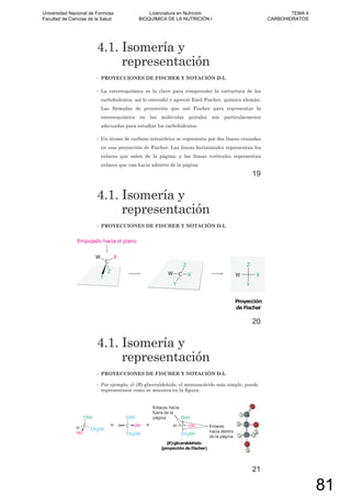 4.1. Isomería y
representación
• PROYECCIONES DE FISCHER Y NOTACIÓN D-L
• La estereoquímica es la clave para comprender la estructura de los
carbohidratos, así lo entendió y apreció Emil Fischer, químico alemán.
Las fórmulas de proyección que usó Fischer para representar la
estereoquímica en las moléculas quirales son particularmente
adecuadas para estudiar los carbohidratos.
• Un átomo de carbono tetraédrico se representa por dos líneas cruzadas
en una proyección de Fischer. Las líneas horizontales representan los
enlaces que salen de la página, y las líneas verticales representan
enlaces que van hacia adentro de la página.
19
4.1. Isomería y
representación
• PROYECCIONES DE FISCHER Y NOTACIÓN D-L
20
4.1. Isomería y
representación
• PROYECCIONES DE FISCHER Y NOTACIÓN D-L
• Por ejemplo, el (R)-gliceraldehído, el monosacárido más simple, puede
representarse como se muestra en la figura:
21
Universidad Nacional de Formosa
Facultad de Ciencias de la Salud
Licenciatura en Nutrición
BIOQUÍMICA DE LA NUTRICIÓN I
TEMA 4
CARBOHIDRATOS
81
 