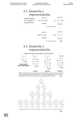 4.1. Isomería y
representación
• PROYECCIONES
DE FISCHER Y
NOTACIÓN D-L
22
4.1. Isomería y
representación
• PROYECCIONES DE FISCHER Y NOTACIÓN D-L
Algunos azúcares D que se encuentran en la naturaleza. El grupo -OH en el centro
quiral más alejado del grupo carbonilo tiene la misma configuración como la del (R)-(+)-
gliceraldehído y apunta hacia la derecha en las proyecciones de Fischer 23
Configuraciones de la serie D de las aldosas, que contienen de tres a seis átomos de carbono
24
Universidad Nacional de Formosa
Facultad de Ciencias de la Salud
Licenciatura en Nutrición
BIOQUÍMICA DE LA NUTRICIÓN I
TEMA 4
CARBOHIDRATOS
82
 