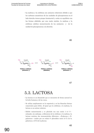 • La maltosa y la celobiosa son azúcares reductores debido a que
los carbonos anoméricos de las unidades de glucopiranosa en el
lado derecho tienen grupos hemiacetal y están en equilibrio con
las formas aldehído; por una razón similar, la maltosa y la
celobiosa exhiben mutarrotación de los anómeros y de la
unidad de glucopiranosa a la derecha.
46
47
5.3. LACTOSA
• La lactosa es un disacárido que se encuentra de forma natural en
la leche humana y de las vacas.
• Se utiliza ampliamente en la repostería y en las fórmulas lácteas
comerciales para bebés. Al igual que la celobiosa y la maltosa, la
lactosa es un azúcar reductor.
• Exhibe mutarrotación y es glicósido con una unión 1 4- -
enlazado; sin embargo, a diferencia de la celobiosa y la maltosa, la
lactosa contiene dos monosacáridos diferentes —D-glucosa y D-
galactosa— unidos por un enlace -glicosídico entre el C1 de la
galactosa y el C4 de la glucosa.
48
Universidad Nacional de Formosa
Facultad de Ciencias de la Salud
Licenciatura en Nutrición
BIOQUÍMICA DE LA NUTRICIÓN I
TEMA 4
CARBOHIDRATOS
90
 