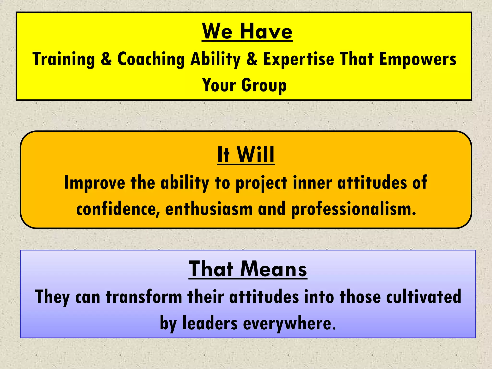 We Have
Training & Coaching Ability & Expertise That Empowers
                     Your Group


                       It Will
   Improve the ability to project inner attitudes of
    confidence, enthusiasm and professionalism.

                    That Means
They can transform their attitudes into those cultivated
                by leaders everywhere.
 