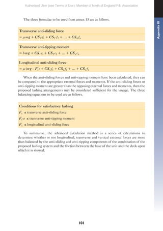 101
The three formulae to be used from annex 13 are as follows.
Transverse anti-sliding force
= µ.m.g + CS1
.f1 + CS2
.f2 + … + CSn
.fn
Transverse anti-tipping moment
= b.m.g + CS1
.c1 + CS2
.c2 + … + CSn
.cn
Longitudinal anti-sliding force
= µ.(m.g – Fz) + CS1
.f1 + CS2
.f2 + … + CSn
.fn
When the anti-sliding forces and anti-tipping moment have been calculated, they can
be compared to the appropriate external forces and moments. If the anti-sliding forces or
anti-tipping moment are greater than the opposing external forces and moments, then the
proposed lashing arrangements may be considered sufficient for the voyage. The three
balancing equations to be used are as follows.
Conditions for satisfactory lashing
Fy ≤ transverse anti-sliding force
Fy
.a ≤ transverse anti-tipping moment
Fx ≤ longitudinal anti-sliding force
To summarise, the advanced calculation method is a series of calculations to
determine whether or not longitudinal, transverse and vertical external forces are more
than balanced by the anti-sliding and anti-tipping components of the combination of the
proposed lashing system and the friction between the base of the unit and the deck upon
which it is stowed.
Appendix
III
Authorised User (see Terms of Use): Member of North of England P&I Association
 
