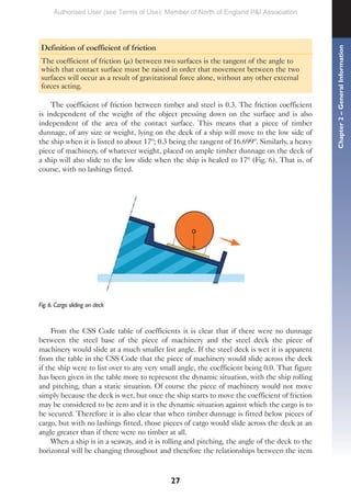 27
Definition of coefficient of friction
The coefficient of friction (µ) between two surfaces is the tangent of the angle to
which that contact surface must be raised in order that movement between the two
surfaces will occur as a result of gravitational force alone, without any other external
forces acting.
The coefficient of friction between timber and steel is 0.3. The friction coefficient
is independent of the weight of the object pressing down on the surface and is also
independent of the area of the contact surface. This means that a piece of timber
dunnage, of any size or weight, lying on the deck of a ship will move to the low side of
the ship when it is listed to about 17º; 0.3 being the tangent of 16.699º. Similarly, a heavy
piece of machinery, of whatever weight, placed on ample timber dunnage on the deck of
a ship will also slide to the low slide when the ship is healed to 17º (Fig. 6). That is, of
course, with no lashings fitted.
Fig. 6. Cargo sliding on deck
From the CSS Code table of coefficients it is clear that if there were no dunnage
between the steel base of the piece of machinery and the steel deck the piece of
machinery would slide at a much smaller list angle. If the steel deck is wet it is apparent
from the table in the CSS Code that the piece of machinery would slide across the deck
if the ship were to list over to any very small angle, the coefficient being 0.0. That figure
has been given in the table more to represent the dynamic situation, with the ship rolling
and pitching, than a static situation. Of course the piece of machinery would not move
simply because the deck is wet, but once the ship starts to move the coefficient of friction
may be considered to be zero and it is the dynamic situation against which the cargo is to
be secured. Therefore it is also clear that when timber dunnage is fitted below pieces of
cargo, but with no lashings fitted, those pieces of cargo would slide across the deck at an
angle greater than if there were no timber at all.
When a ship is in a seaway, and it is rolling and pitching, the angle of the deck to the
horizontal will be changing throughout and therefore the relationships between the item
Chapter
2
–
General
Information
Authorised User (see Terms of Use): Member of North of England P&I Association
 